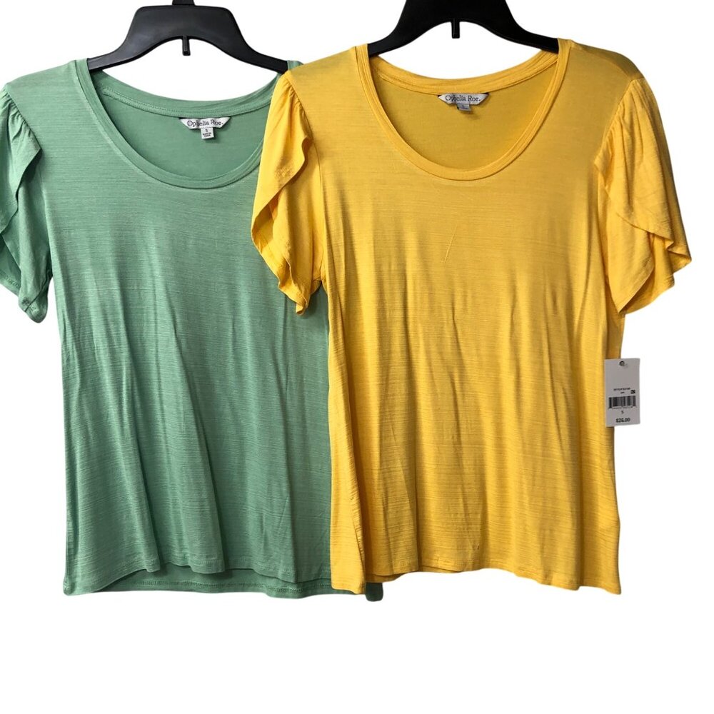 Tulip Sleeve T-Shirts Set Of 2‎ In Green & Yellow Size S NWT